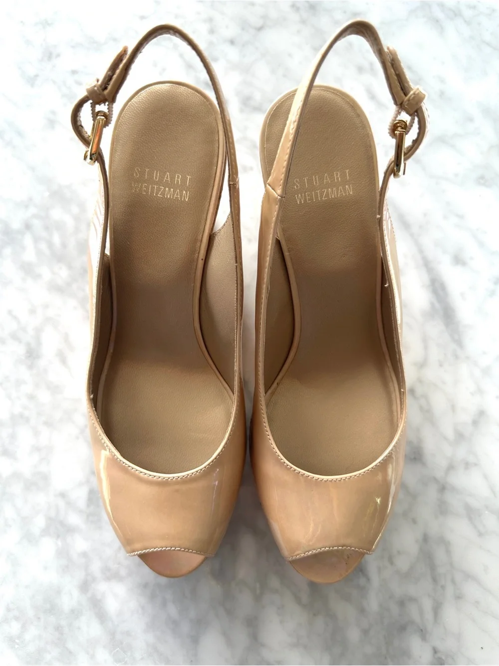 Stuart Weitzman Iridescent Nude Patent Slingback Wedges - Picture 5 of 9